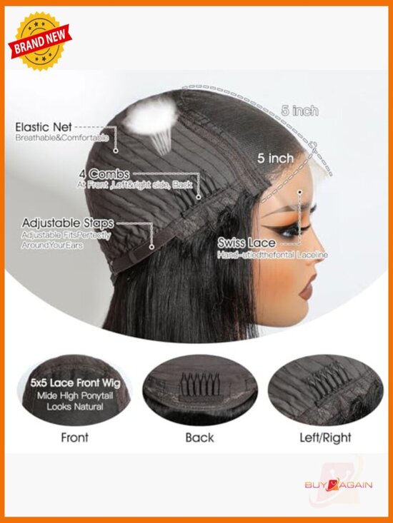 Human Hair Wig 5x5 Closure Straight Lace Front Glueless 26 Inch 180 Density